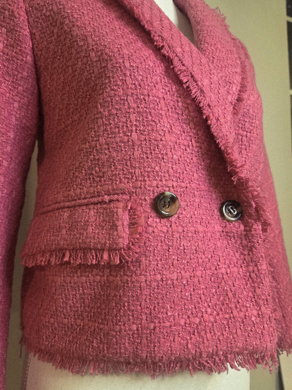 Ann Taylor Tweed Blazer Jacket 0P Petite Preppy Hot Pink Fringe - Picture 3 of 10